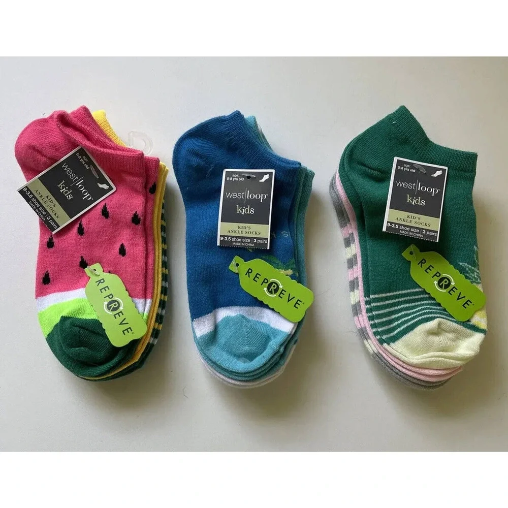 West Loop Girls Socks Assorted Pattern Ankle Socks 3 Pks/9 Pair Socks 9-3.5 NWT